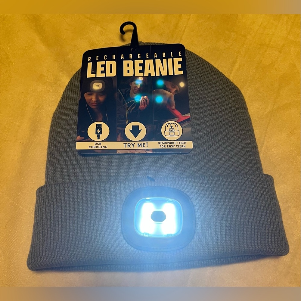 Rechargeable LED Beanie Grey Unisex Removable Light USB Charging 3 Lights